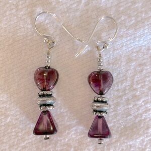 Sterling silver purple amethyst triangle beads drop dangle elegant